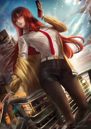 红色长发美女 翻盖手机 红领带 白色衬衫 黑色短裤 黑丝袜