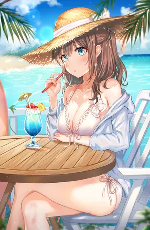 草帽 泳装美女_1