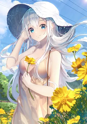 动漫风景菊花超大帽子  唯美女孩子吊带裙子