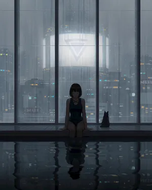 女孩 闭眼 坐着 连体泳衣 游泳池 玻璃 动漫女孩