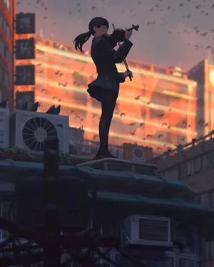 女学生 马尾 闭眼 站立 黑色校服服装 连裤袜 音乐小提琴_1