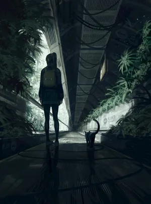 女学生 黑发马尾 动漫女孩 校服 背包 连裤袜夜晚 走廊 绘画插图