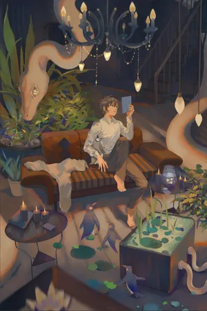男孩卧室 大蛇 小鸟动漫风景