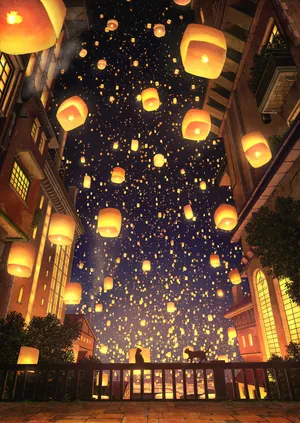 孔明灯 猫 动漫风景_1