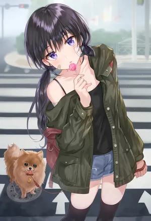 吃棒棒糖逛街遛狗的女孩子