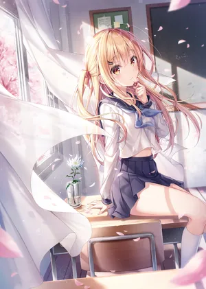 春天的气息 教室美少女花瓣飞舞