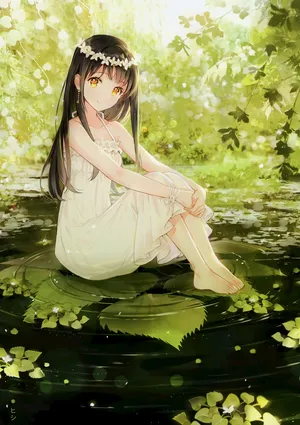 唯美少女孩 美女 佛系 水池 绿植