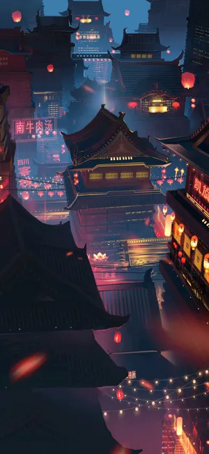 中式古建筑赛博朋克风格
