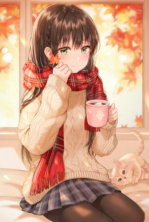 少女孩 丝袜 长筒袜 短裙 围巾 咖啡