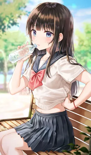 少女 高中生 长椅 喝水