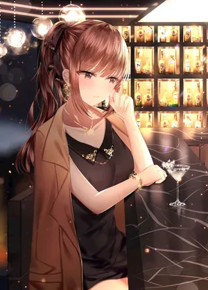 女孩子 酒吧高脚杯 披着外套 马尾 黑色连衣裙