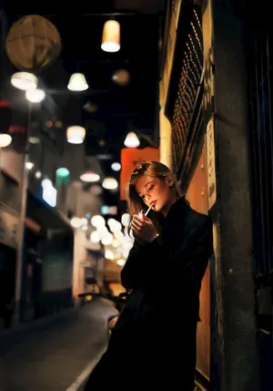 写实夜晚城市街头抽烟少女孩 黄头发