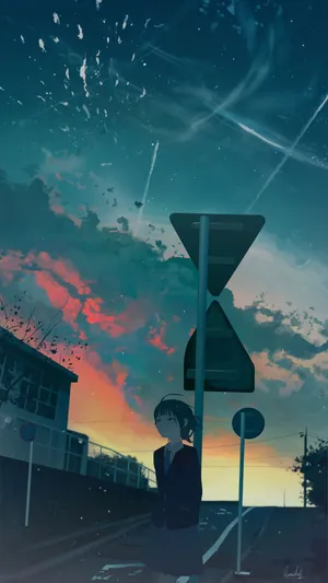 动漫风景路标站牌 少女孩子马路