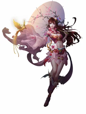插画中国风古装3D古风美女神鸟凤凰