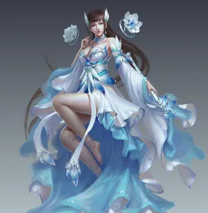 插画中国风古装3D古风美女蓝莲花