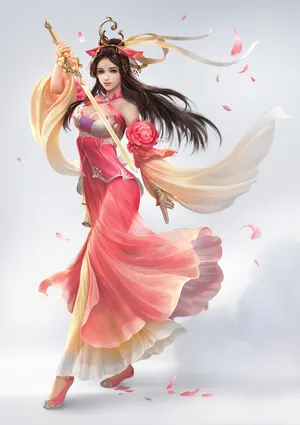 插画中国风古装3D古风美女舞剑 传统服饰