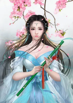 插画中国风古装3D古风美女玉 笛子 桃花盛开_1