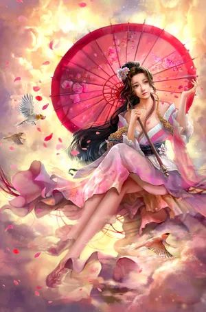 中国风古装3D古风美女飞鸟 花瓣 雨伞