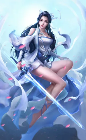 中国风古装3D古风美女 舞剑 蓝色短裙第1张