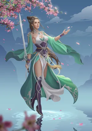 中国风古装3D古风美女 桃花 水上漂
