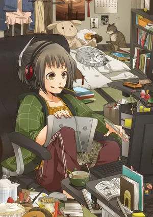 小猫 女孩  房间  床  动画片生活情景