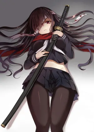 女孩  长发  黑发  剑 短裙丝袜武士刀