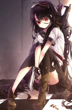 女孩  长发  黑发  丝袜  短裙  红眼睛 手枪