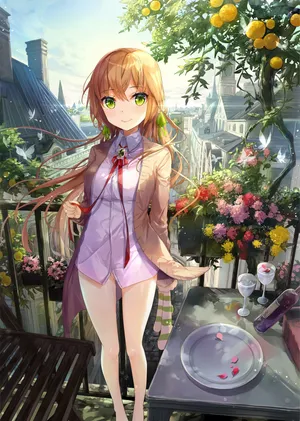 天台阳台女孩  花卉  长发  绿眼睛  水果  红酒