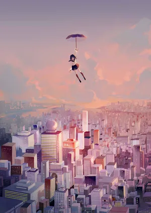 长发, 天空, 云彩, 雨伞, 飞行, 校服, 衬衫, 短裙
