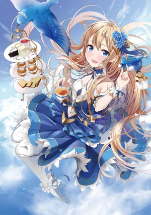 鹦鹉 甜品糕点 蓝色裙子 金发少女孩子