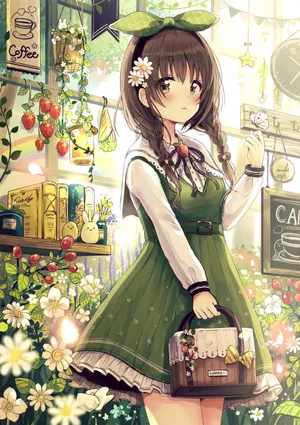 戴带花少女孩子 皮包 花园 花圃