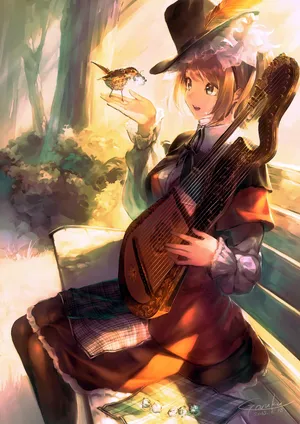 乐器 小鸟与女孩 帽子 长椅