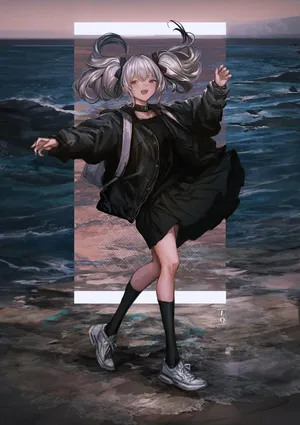 海滩少女孩子 双马尾 白发_1
