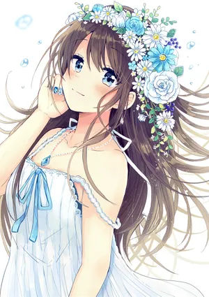 蓝色眼睛女生 长发 花环 裙子 动漫