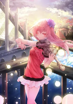 拉小提琴女生 红色眼睛 粉色长发 红色裙子 唯美动漫风景_1