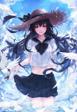 女孩子 水手服 学校丝带草帽 泡脚 动漫竖版