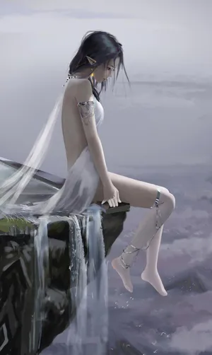 坐在石头 悬崖边上的女孩唯美插画美女