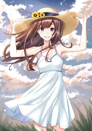 长发女子 帽子 白色裙子