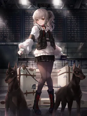 二次元动漫女孩子 黑丝裤袜长筒皮靴  空港 犬狗