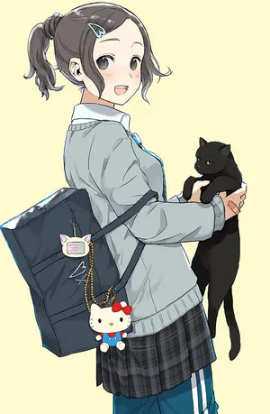 动漫二次元萝莉女孩与小黑猫
