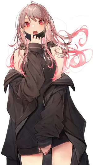 黑色外套，戴口罩的动漫美女人像插画