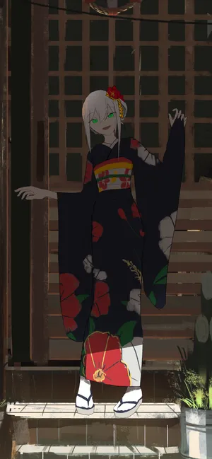 手绘人像画壁纸，穿黑色和服和木屐的动漫少女