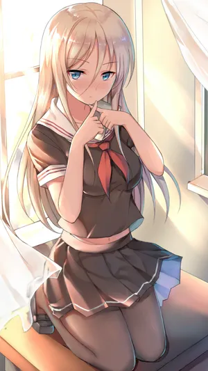 性感学生服，跪在地上的动漫白发学生妹