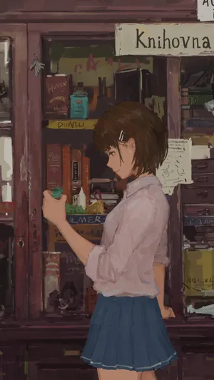 手绘在书架前的短发清纯动漫少女_1