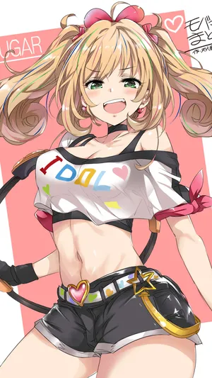 露脐装，吊带短裤的双马尾动漫女孩高清