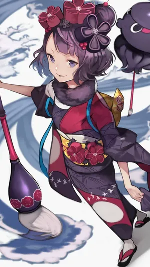 手拿大毛笔在作画的日系和服动漫少女_1