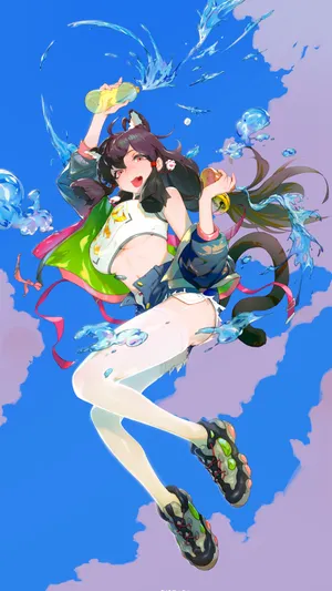 跳起甩水瓶的运动装动漫少女cosplay小猫咪的