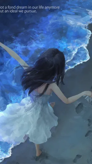 沙滩上玩耍的穿裙子的动漫少女