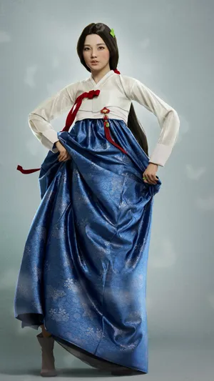 穿传统朝鲜服饰的美女超逼真插画