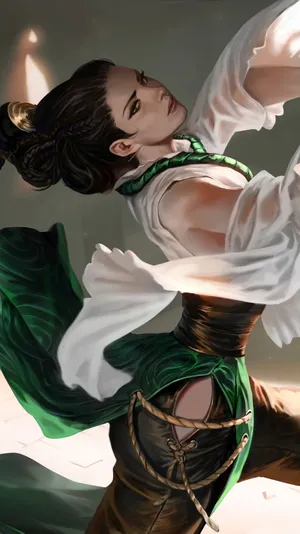 穿绿色飘带裙翩翩起舞的古风美女动漫_1